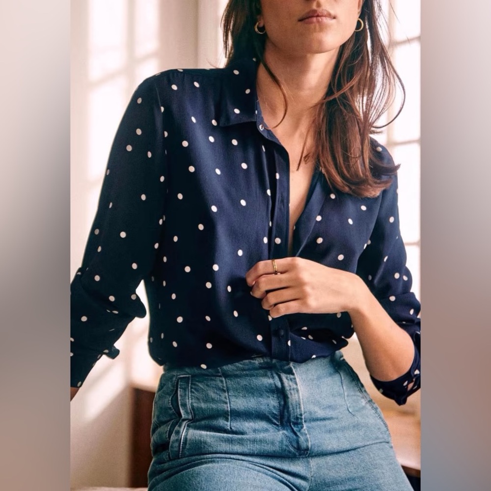 Sezane Navy Polka Dot Ann Blouse Size US 4 FR 36